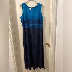 Vintage 90’s Sarah Elizabeth Teal and Navy Sheath Floral and Beading Maxi Dress